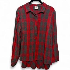 cabi #3587 Red Gray Plaid Cunningham Popover Shirt High/Low Sz M Excellent